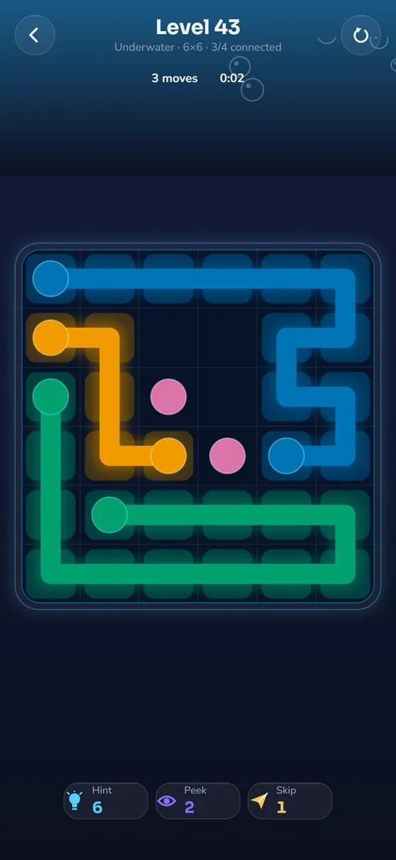 A Pathom level in progress: coloured paths connect pairs of dots on a dark glowing board.